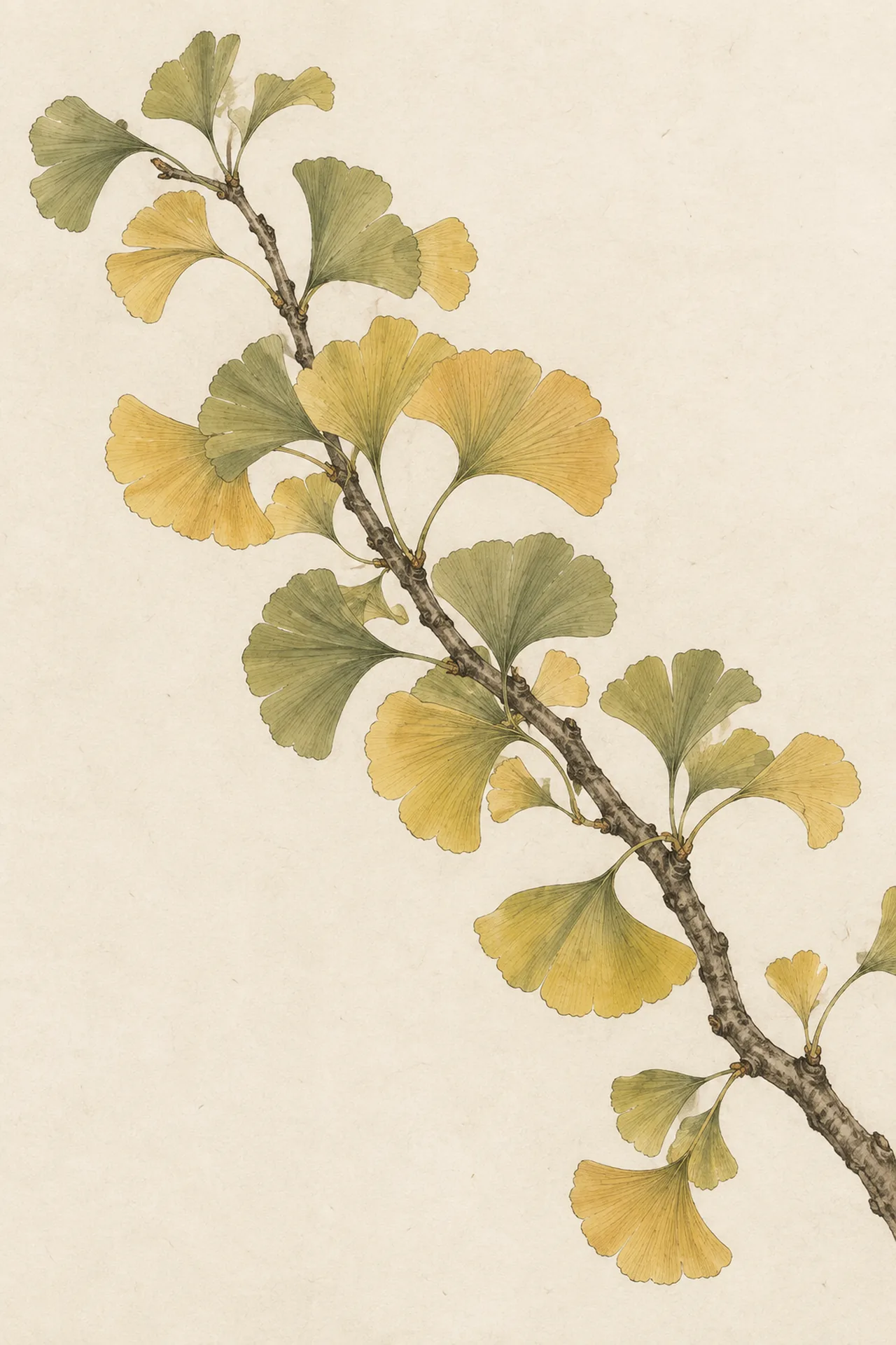 Botanical illustration of a ginkgo branch in autumn colour.